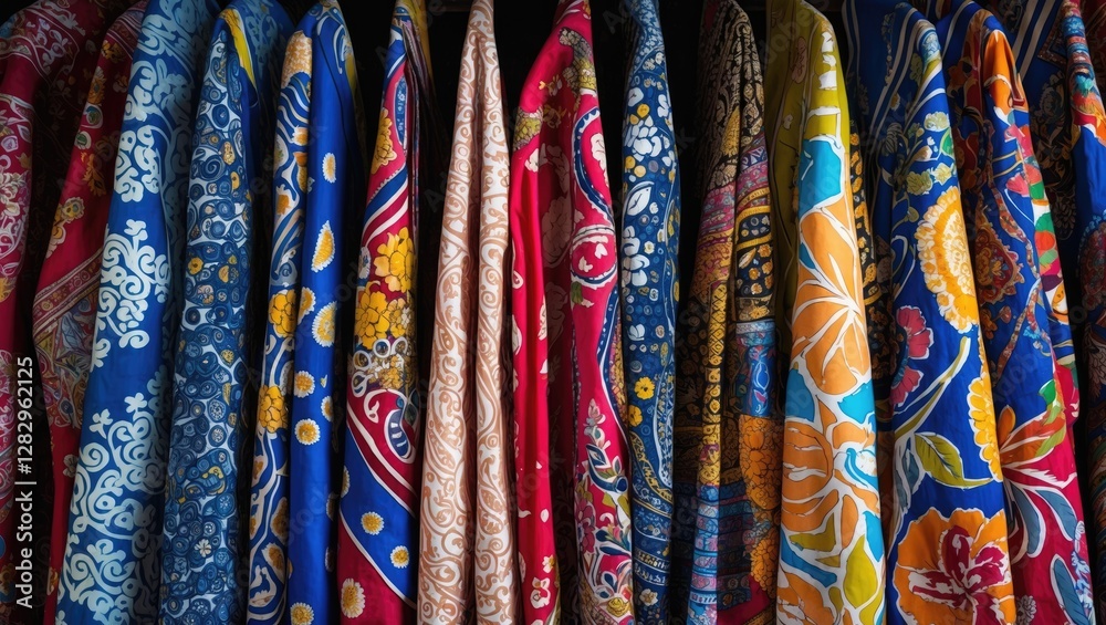 Poster colorful hanging fabrics with intricate patterns and textures displayed in a close-up view.