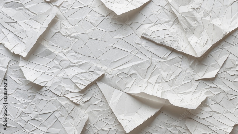 Poster crumpled textured white paper background with intricate patterns and folds in various orientations.