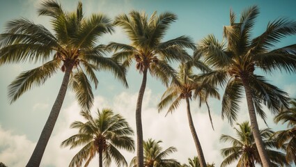Fototapeta premium Tropical palm trees against a blue sky with clouds in a coastal setting at sunset or sunrise