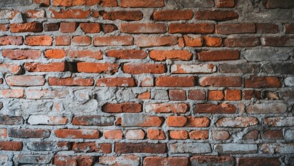 Obraz premium Textured brick wall featuring a mix of red and gray bricks with visible mortar and aged appearance.