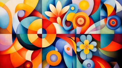 Vibrant Abstract Mosaic Pattern with Geometric Floral and Decorative Elements