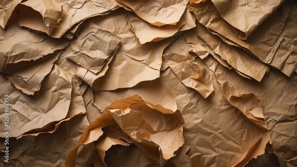 Wall mural crumpled brown paper texture background with varied folds and shadows suitable for design and creati
