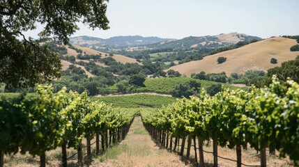 Fototapeta premium Vineyard rows stretch towards rolling hills on a sunny day. Lush green vines contrast with the dry, golden landscape.