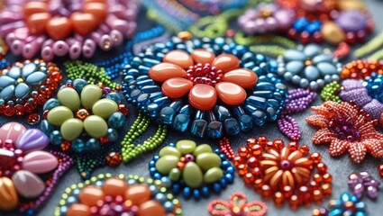 Colorful bead embroidery design featuring intricate floral patterns with various shapes and vibrant hues on a textured background.