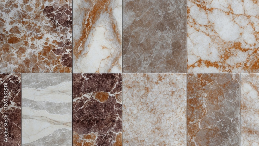 Poster variety of textured marble tiles in different colors and patterns arranged in a grid pattern for dec