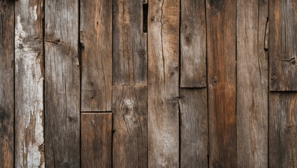 Fototapeta premium Textured wooden wall with various shades of brown featuring weathered planks and natural imperfections in rustic style