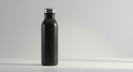 A sleek black stainless steel water bottle with a silver cap stands against a neutral background, highlighting its modern, minimalist, and durable design.