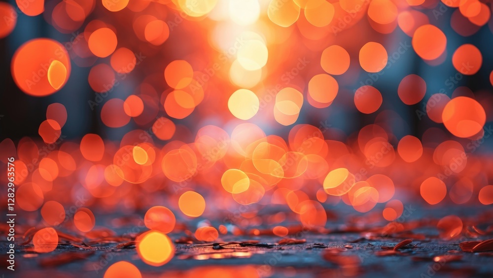 Poster abstract blurred background with vibrant orange bokeh lights illuminating a path or surface from a w