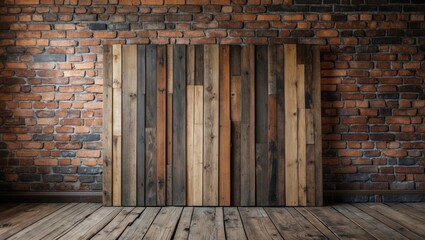 Wooden panel wall against a rustic brick background in a modern interior setting with hardwood floor.
