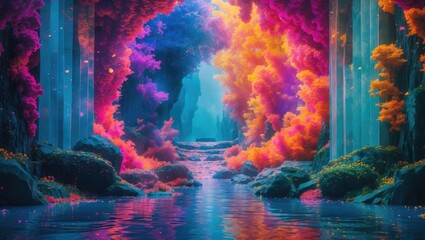 Obraz premium Colorful fantasy landscape with vibrant trees and calm water reflections in a serene forest setting