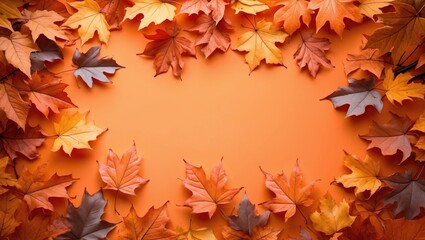 Fototapeta premium Colorful autumn leaves arranged in a circular pattern on an orange background creating a fall-themed composition.