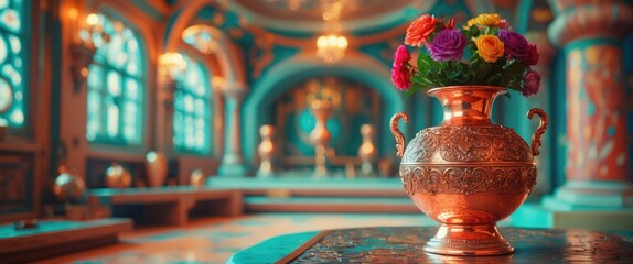 Decorative bronze vase with colorful roses arranged inside, set in an ornate interior with vibrant colors and soft lighting.