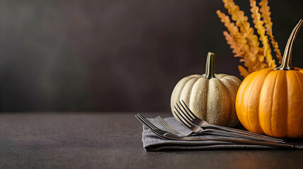 Two Pumpkins with Silverware and Dried Foliage on Dark Table Display