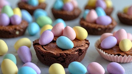 Colorful mini chocolate brownies topped with pastel Easter eggs arranged on a light background.