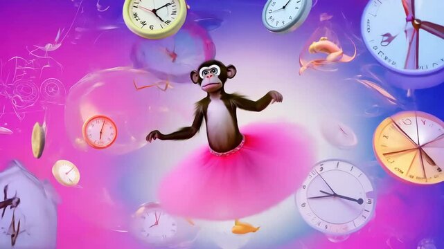 monkey in a pink tutu doing a dance 