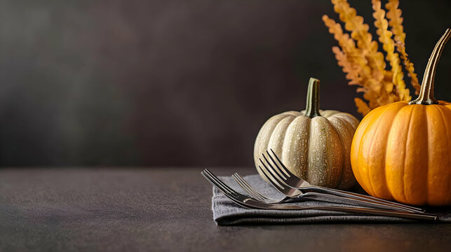 Two Pumpkins with Silverware and Dried Foliage on Dark Table Display