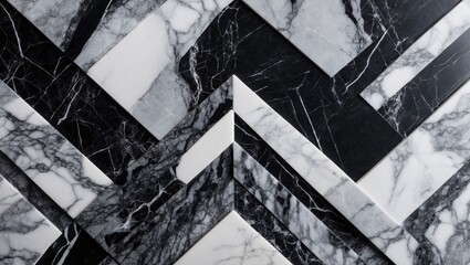 Black and white marble patterned tile design with chevron layout in diagonal arrangement