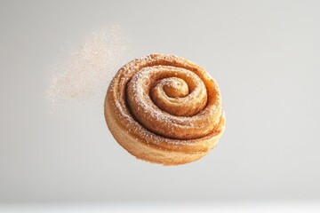 Fototapeta premium Sweet Cinnamon Roll in Mid Air Dusting Sugar