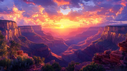 Fototapeta premium Anime-style Grand Canyon sunrise, dramatic cliffs glowing under golden light, vibrant tones of orange, red, and purple creating depth and beauty, serene and detailed atmosphere. --ar 16:9