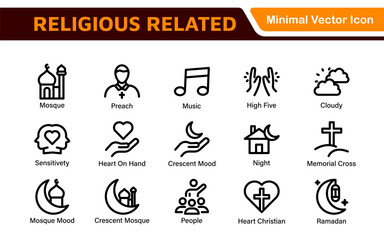 Religious Icon Set. A meaningful collection of icons representing various faiths and beliefs, perfect for enhancing educational materials, spiritual apps, and community outreach initiatives.