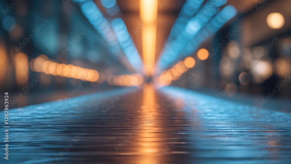 Poster abstract blurred background of illuminated pathway with bokeh lights and reflections on the surface 