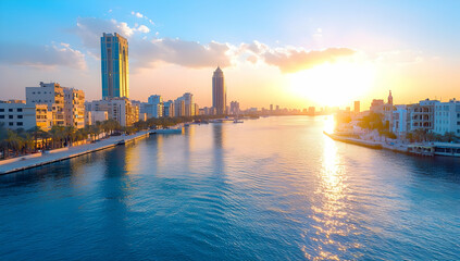 Obraz premium Stunning sunset over a waterfront city with modern skyscrapers and traditional buildings, boats on the calm water, palm trees lining the promenade; ideal for travel brochures or real estate websites