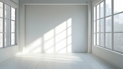 Obraz premium Minimalist White Interior With Large Windows Providing Natural Light and City View