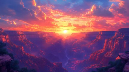 Anime-style Grand Canyon sunrise, dramatic cliffs glowing under golden light, vibrant tones of orange, red, and purple creating depth and beauty, serene and detailed atmosphere. --ar 16:9