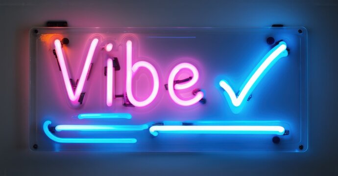Glowing neon sign with the phrase vibe check featuring neon energy waves and a bright glowing checkmark Colorful and dynamic design radiating a trendy and energetic feel