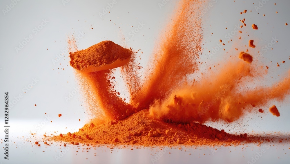 Poster orange powder explosion creating dynamic movement and texture on a white background with particles d