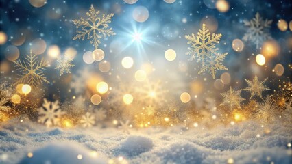 Frosty abstract winter landscape with snowflakes and golden bokeh lights scattered across the sky , cold weather, frosty winter