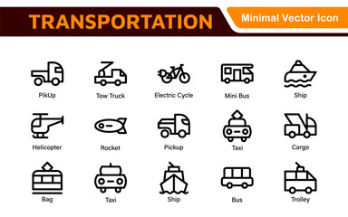 Transport icon set. Containing distribution, shipping, transportation, delivery, cargo, freight, route planning, supply chain, export and import icons. Solid icon collection.