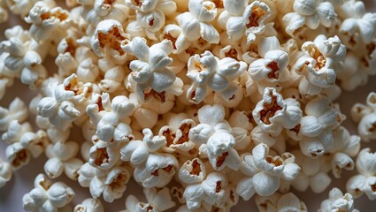 Close-up view of popped popcorn kernels scattered on a surface showcasing texture and detail of the snack food.