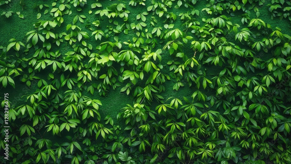 Wall mural green foliage with various leaf shapes covering a wall surface creating a dense botanical pattern in