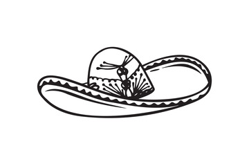Hand drawn Mariachi hat illustration. Doodle mariachi hat. Sketch of mariachi hat isolated on white background. Sketch of sombrero. Vector illustration.