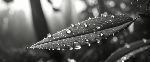 Black and white close-up of a leaf covered in water droplets with a blurred background of foliage in a natural setting.