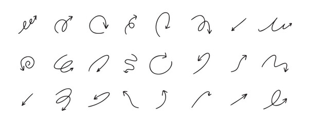 Doodle spiral arrows set. Hand drawn arrows. Design quirky twist line, curve wave arrow. 