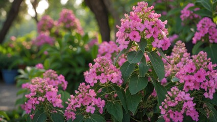 Fototapeta premium Pink flowering plants in a garden setting with soft sunlight and blurred green foliage in the background.