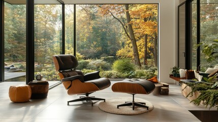 Fototapeta premium Modern lounge chair set with ottoman, autumnal garden view