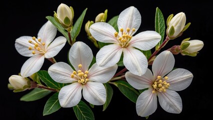 Obraz premium White flowers with yellow stamens and green leaves on a black background showcasing delicate floral arrangement and buds forming.