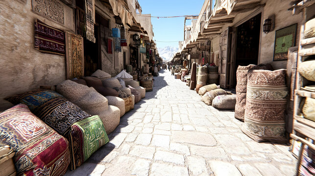 Sun-drenched Arabian souk alleyway with textiles and spices; mountain backdrop; travel & tourism