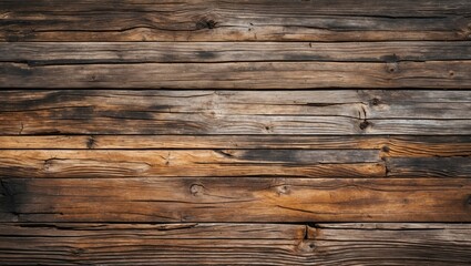 Fototapeta premium Textured wooden background with a mixture of dark and light brown tones, featuring natural grain patterns and knots in the wood.