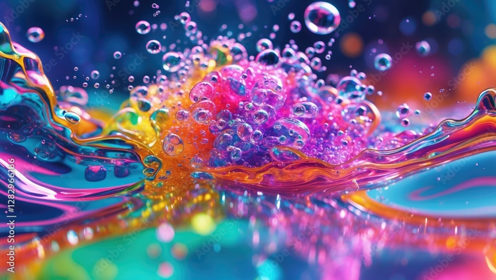 Sticker colorful abstract liquid with bubbles and vibrant splashes in a dynamic composition reflecting light