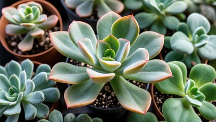 various succulent plants in different pots with vibrant green leaves and subtle hints of color on the edges arranged closely together