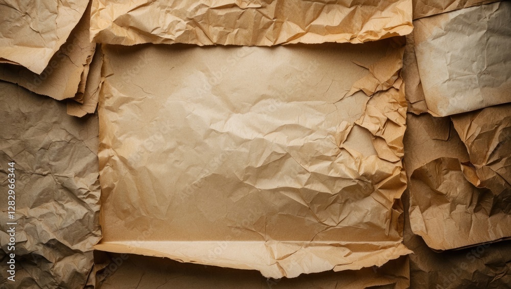 Poster crumpled brown paper sheets textured background with empty center space for placement of text or gra