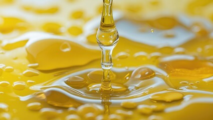 Close-up of liquid oil with droplets creating ripples on amber surface in soft focus with reflections and highlights