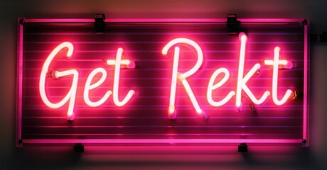 Get Rekt neon sign glowing in yellow and pink with pixelated blocky letters. The retro gaming-inspired design casts vibrant reflections on a dark brick wall, creating an arcade vibe
