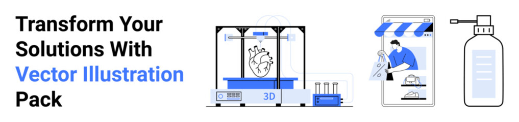 3D printer creating anatomical heart, person wrapping food in shop, sanitizing bottle nearby. Ideal for innovation, technology, e-commerce, creativity, hygiene, prototyping flat landing page banner
