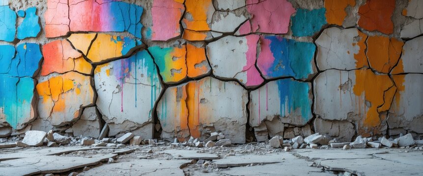 Cracked wall with colorful paint drips and debris on floor showcasing urban decay and artistic expression in an abandoned space