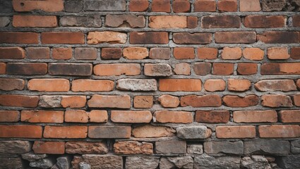 Fototapeta premium Textured wall made of old red and gray bricks with rough stone elements and varying shades of mortar in a horizontal arrangement.